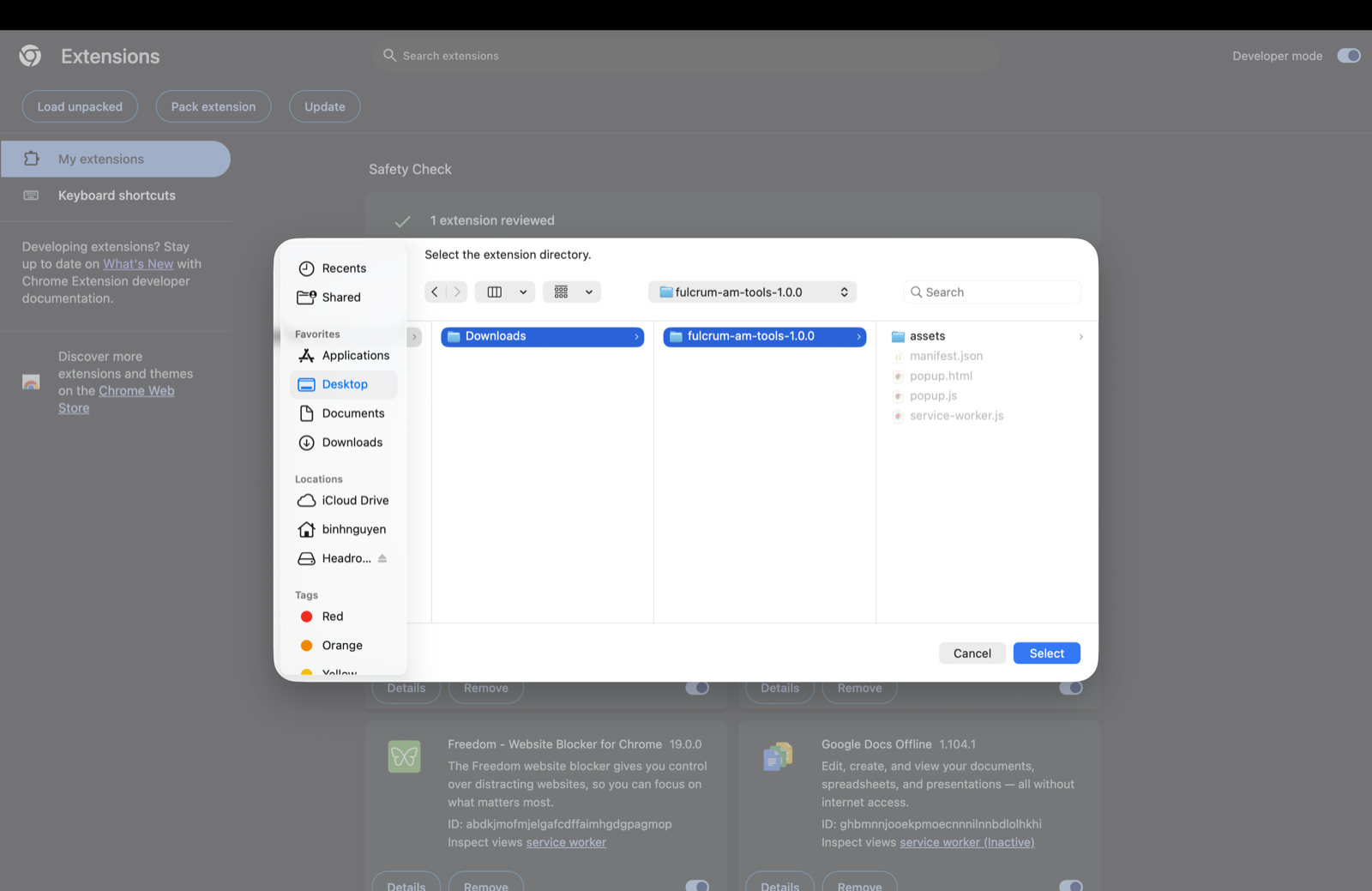 macOS file picker selecting the unzipped extension folder