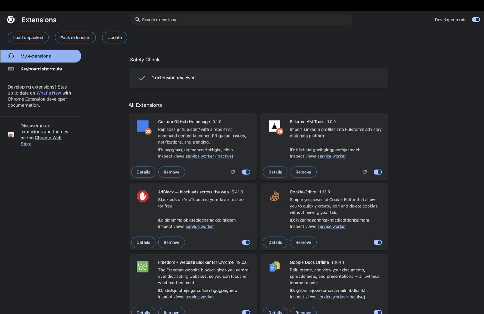 Chrome extensions page with the Developer mode toggle highlighted